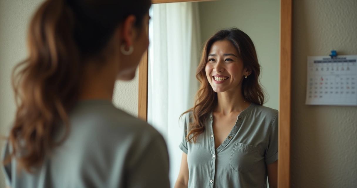 Woman looking at reflection split into happy and anxious halves
