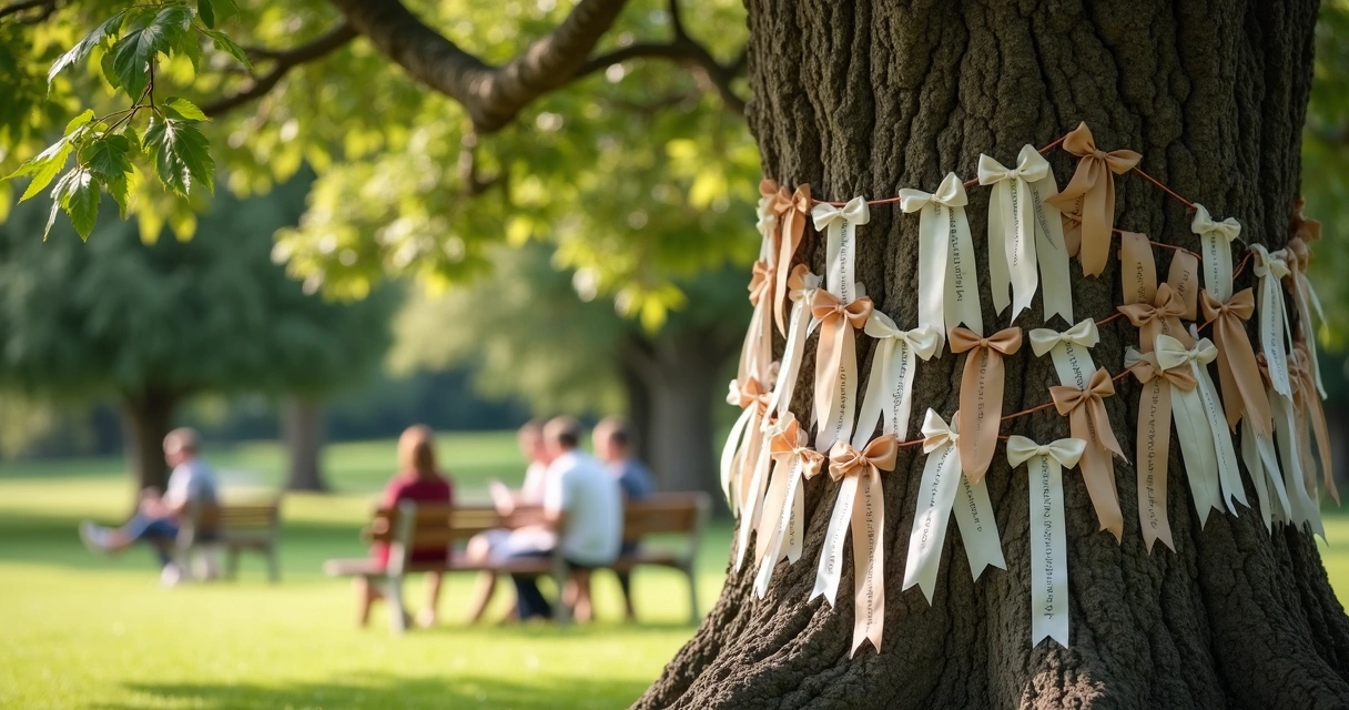 Tree with ribbons and written messages in a healing ritual 