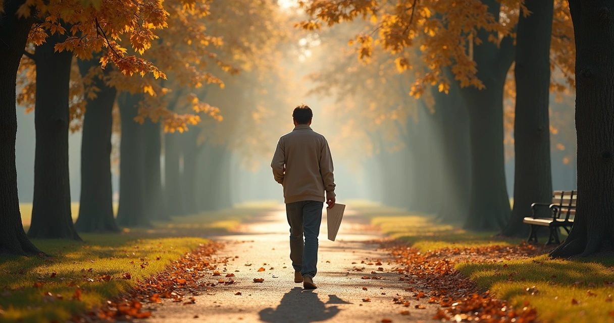 Person walking alone in a quiet park with autumn leaves