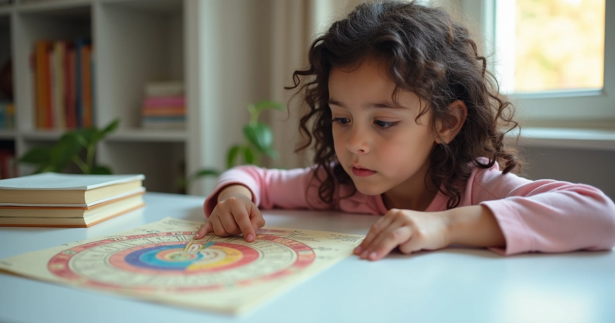 Menina olhando para mapa astral colorido e sorrindo 