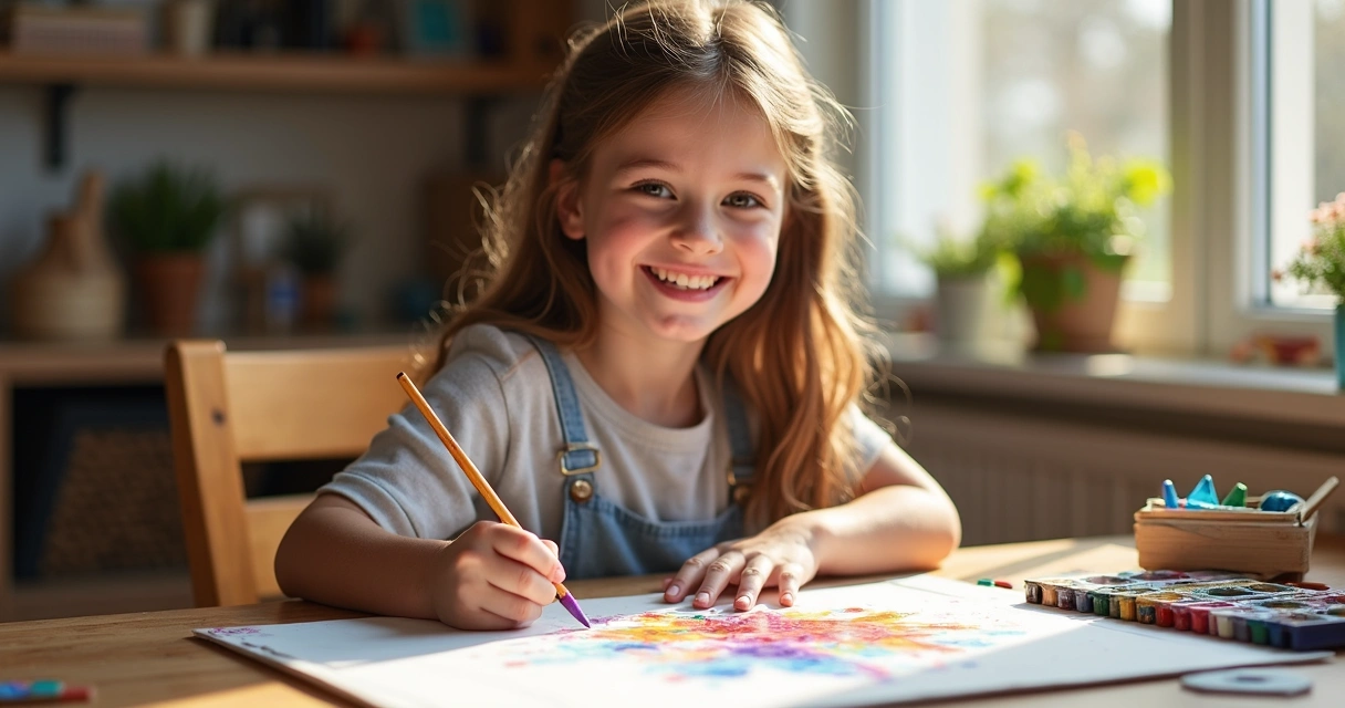 Menina sorrindo usando kit de arte com tintas e pincéis 