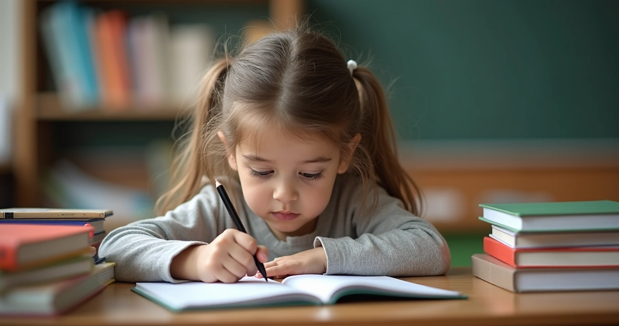 Menina concentrada lendo livro em ambiente calmo 