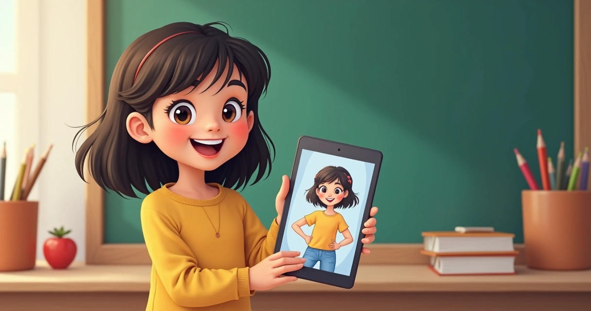 Menina segura tablet com avatar personalizado na tela 