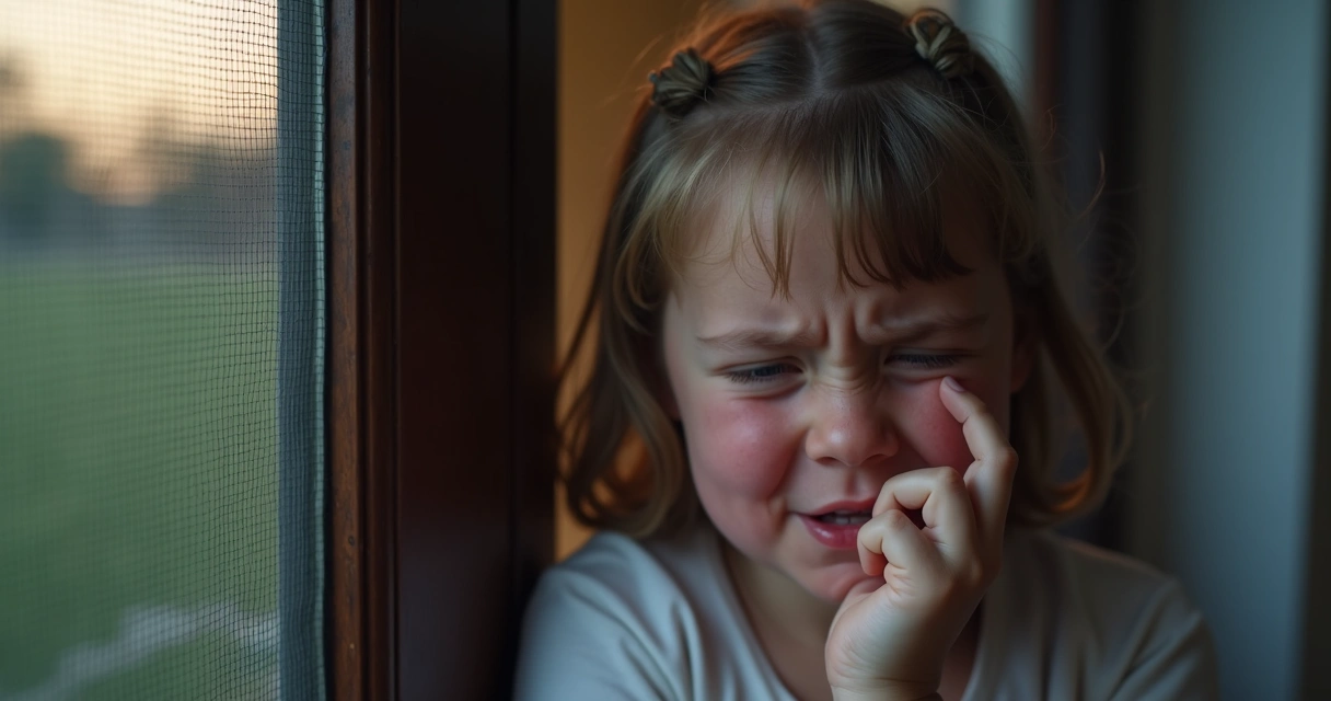 Menina pequena com expressão de dor segurando o dedo machucado ao lado de uma porta de tela 