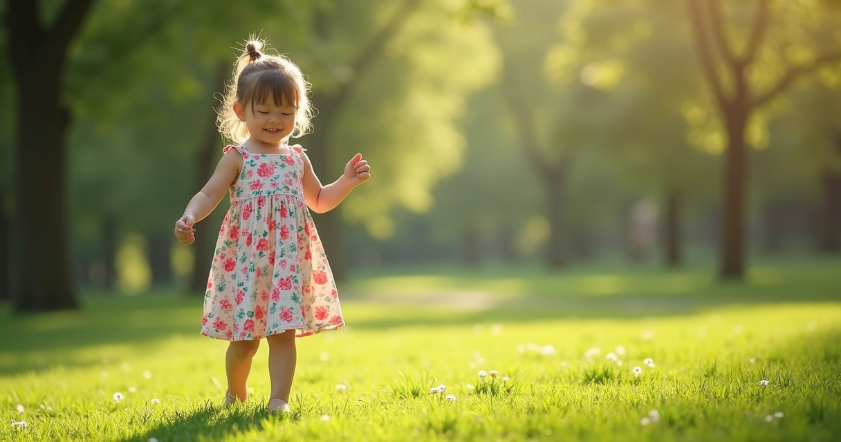 Menina usando vestido infantil colorido em parque, sorrindo e brincando ao ar livre 