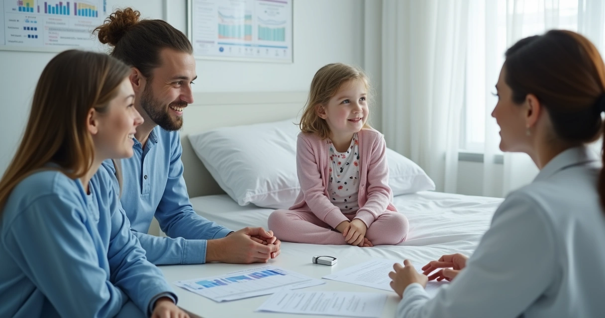 Menina em consulta médica recebendo atenção com documentos médicos e laudos disponíveis.