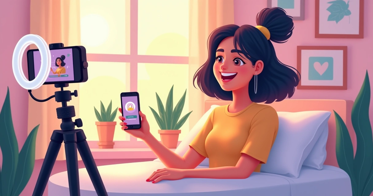 Jovem mulher grava um vídeo Reels para Instagram 