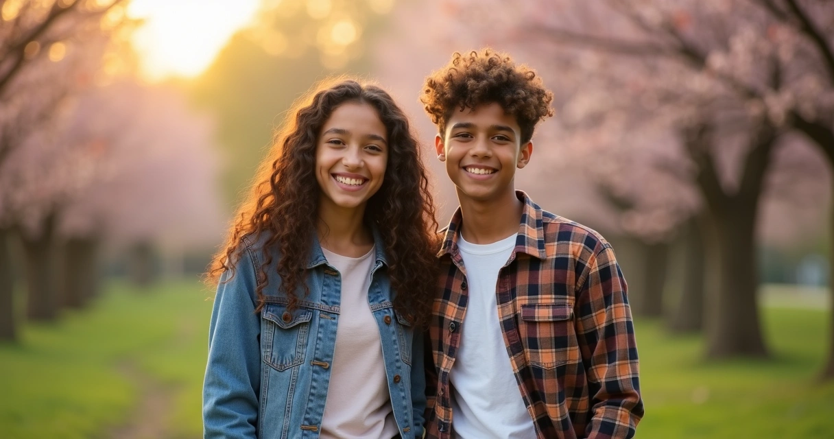 Menina e menino adolescentes em pé lado a lado, sorrindo 