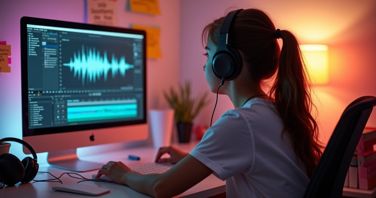 Menina sentada em frente ao computador editando áudio de vídeo curto