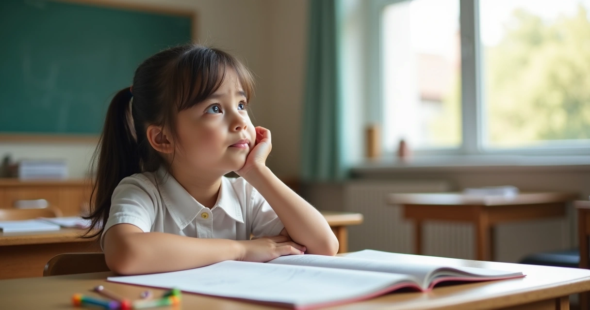 Menina estudando, olhando para longe com expressão distraída. 
