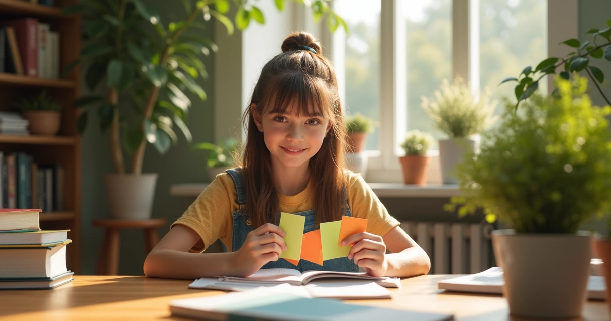 Menina adolescente estudando com flashcards coloridos 