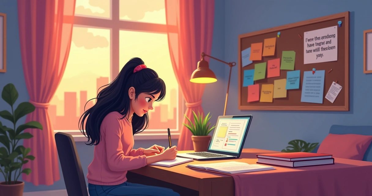 Jovem sentada à mesa de estudos com livros e post-its coloridos 