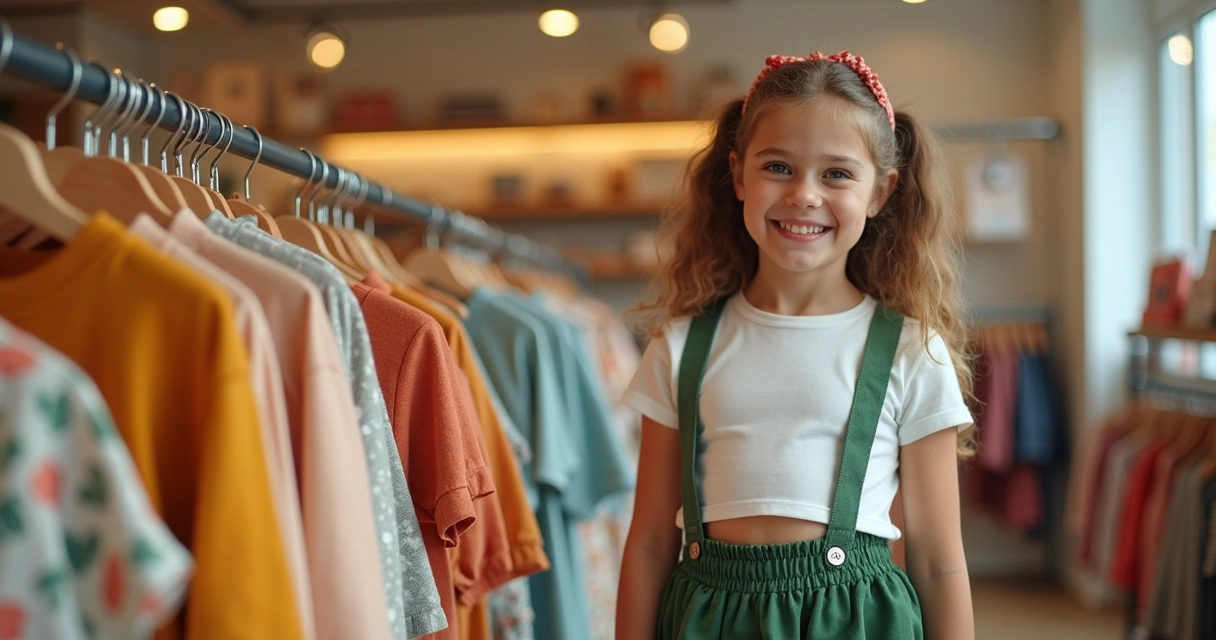 Menina experimentando conjunto de moda infantil em loja elegante 