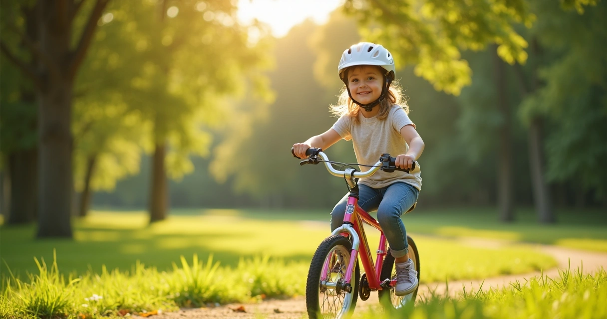Menina pedalando bicicleta colorida em parque 
