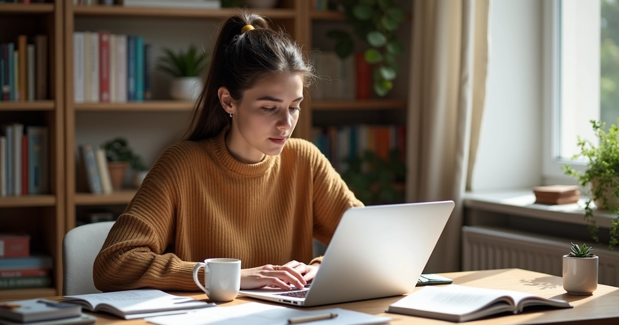 Estudante preparando currículo para estágio no notebook