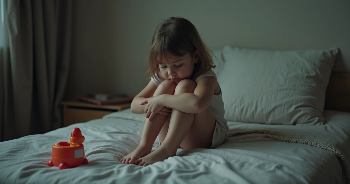 Menina sentada sozinha em cama com olhar triste e mãos cruzadas. 