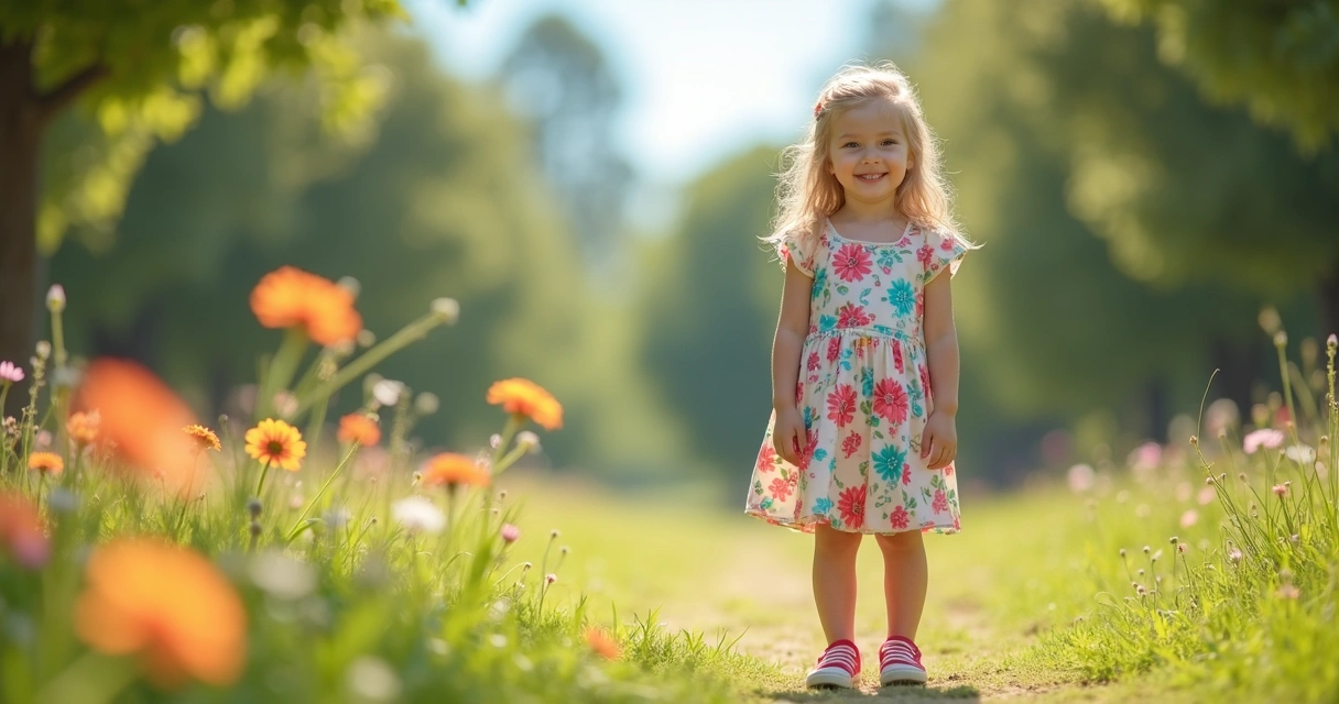 Menina vestindo roupas casuais coloridas em ambiente ao ar livre iluminado pelo sol 