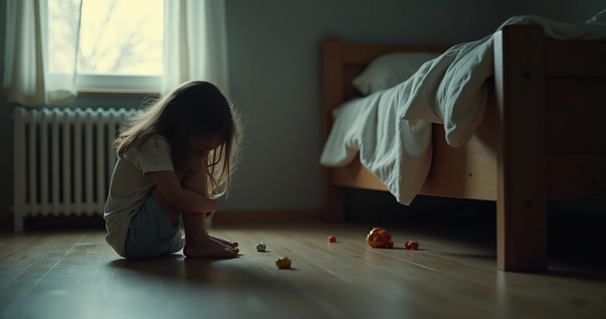 Menina sentada sozinha no canto do quarto 