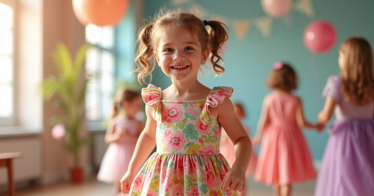 Menina usando vestido colorido em festa infantil. 