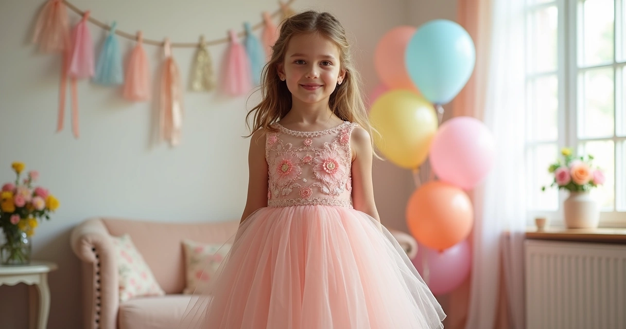Menina usando vestido colorido para festa em ambiente decorado com balões e luz natural 
