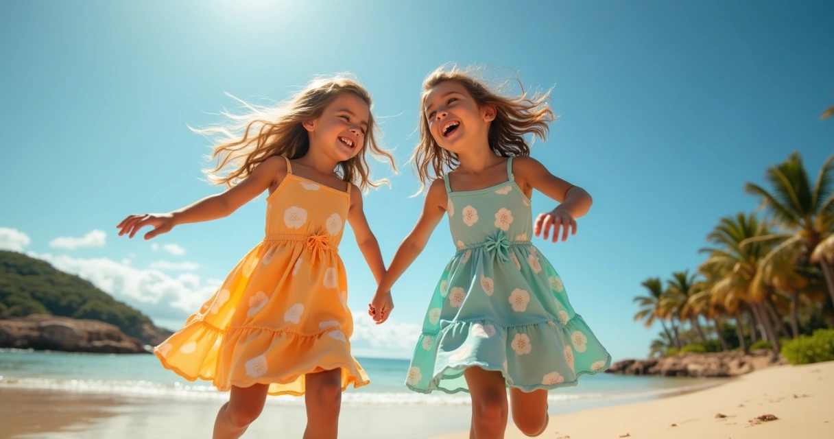 Duas meninas brincando no gramado usando roupas de tecido antialérgico
