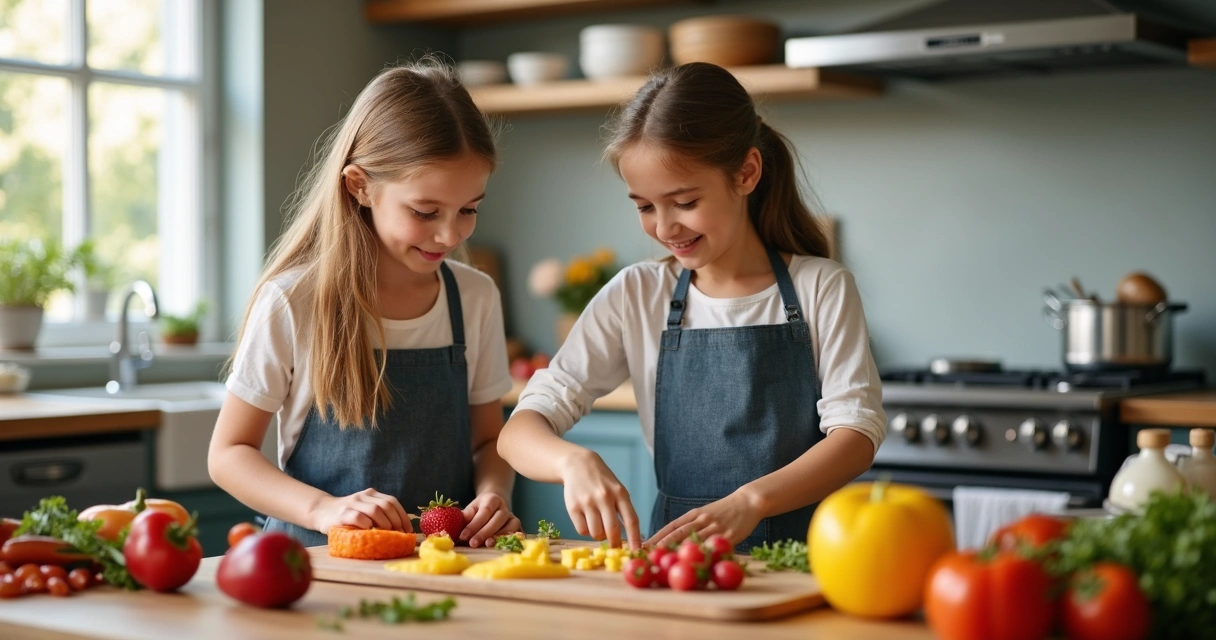 Duas meninas sorrindo cozinhando juntas em oficina culinária 