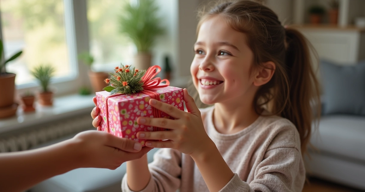 Menina sorrindo recebendo presente criativo personalizado 