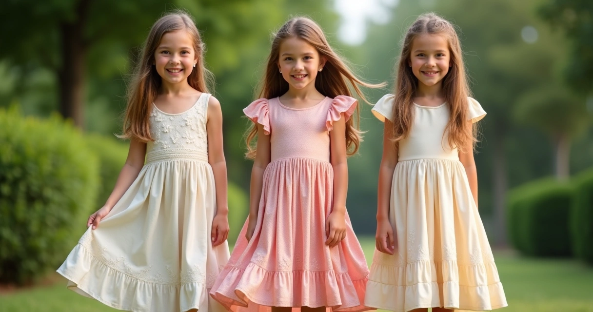 Meninas entre 4 e 14 anos usando vestidos infantis em diferentes idades 