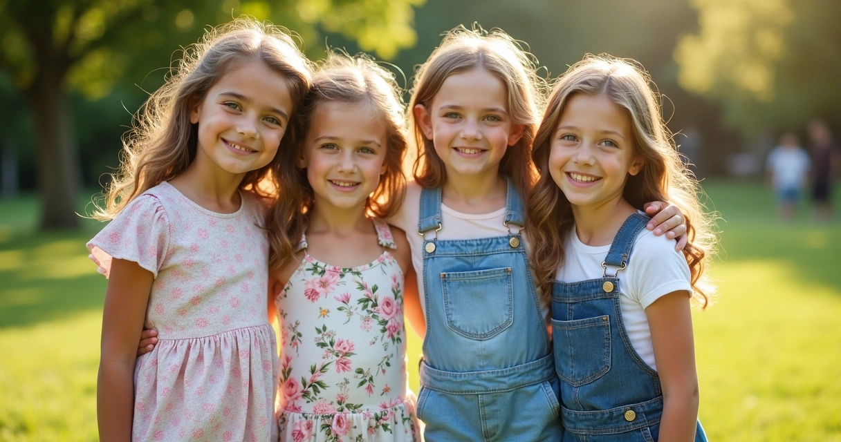 Quatro meninas de diferentes idades usando roupas coloridas infantis