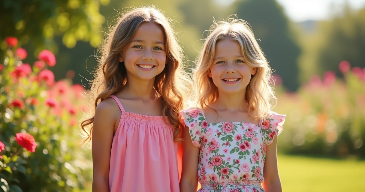 Duas meninas vestindo roupas infantis coloridas em ambiente externo com flores ao fundo 