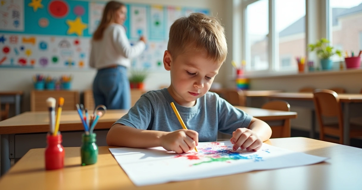 Menino pintando com tinta colorida em sala de aula 