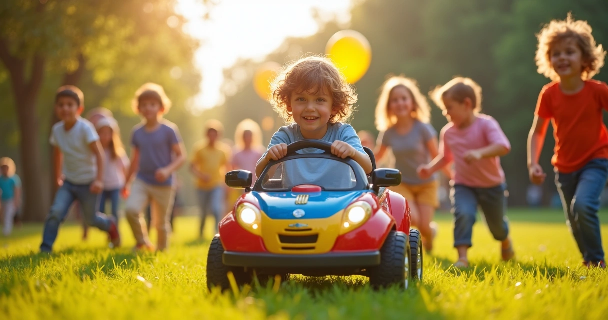 Menino dirigindo mini carro elétrico ao ar livre 