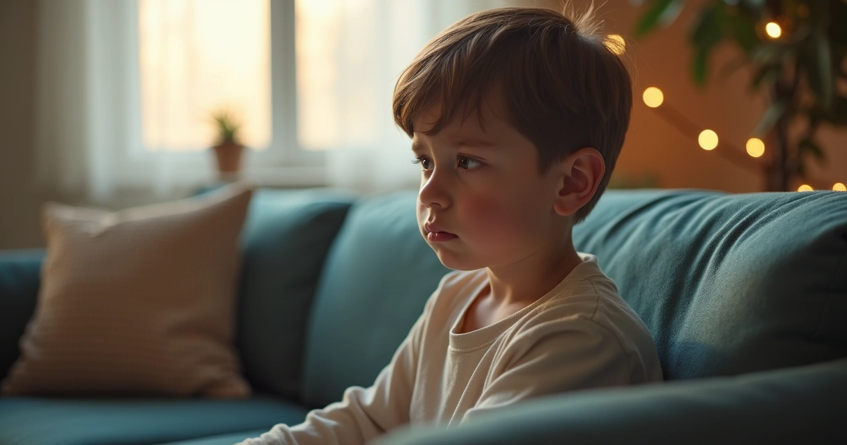 Menino sentado olhando para o lado, com expressão pensativa em ambiente doméstico 