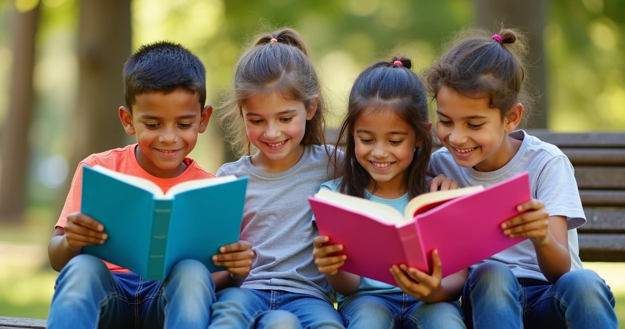 Meninos e meninas sorrindo lendo Bíblia NLT colorida