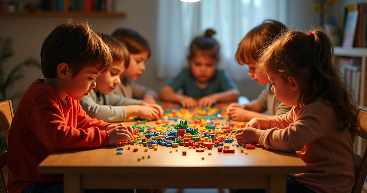 Crianças montando peças de LEGO coloridas na mesa 