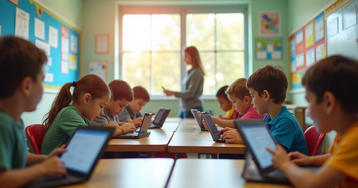 Crianças usando tablets em sala de aula 
