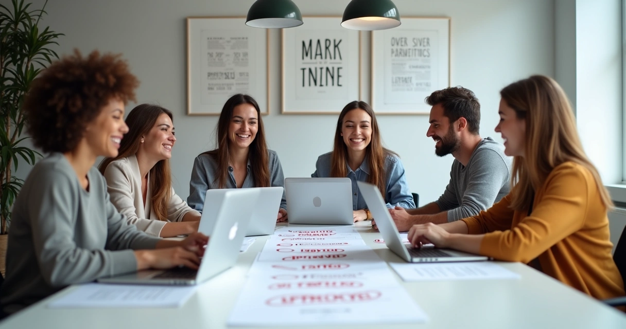 Ilustração de equipe de marketing sorrindo ao redor de uma mesa limpa e organizada com documentos aprovados