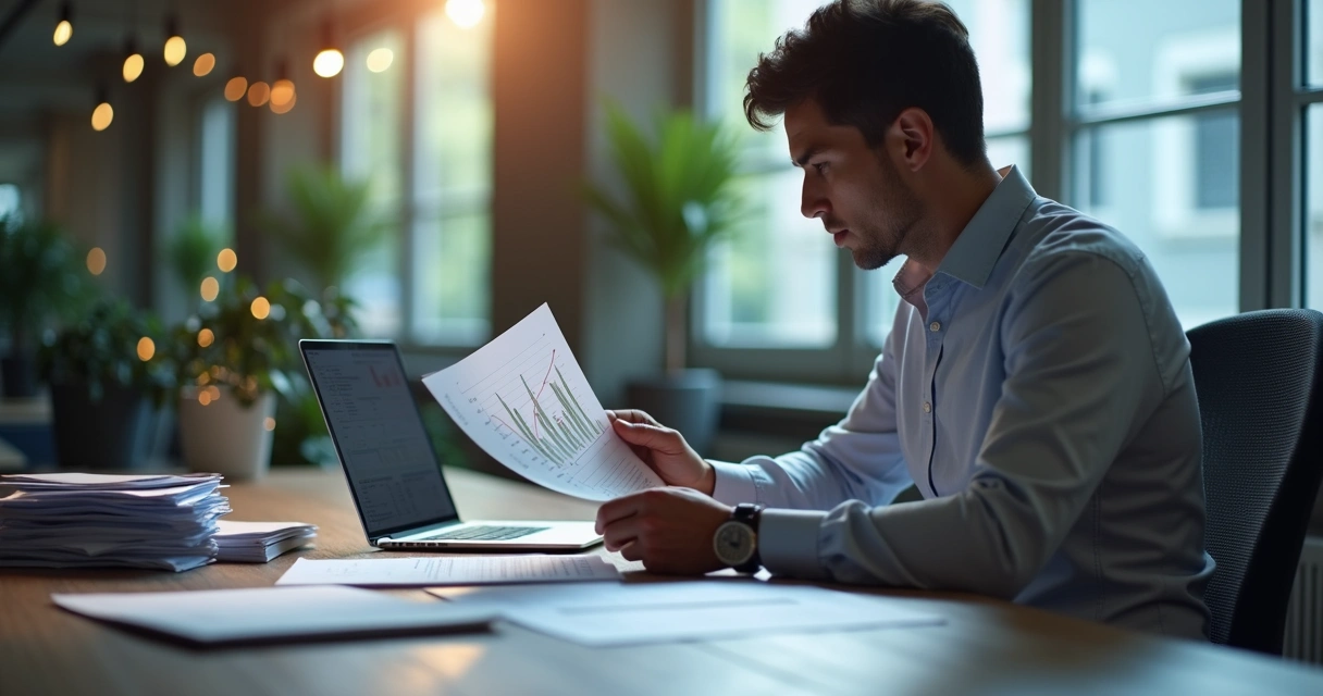 Colaborador feliz com pilha de papéis diminuindo e gráficos subindo. 