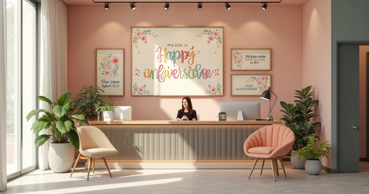 Mensagem personalizada de aniversário em salão de beleza, cartão colorido sobre bancada de recepção 