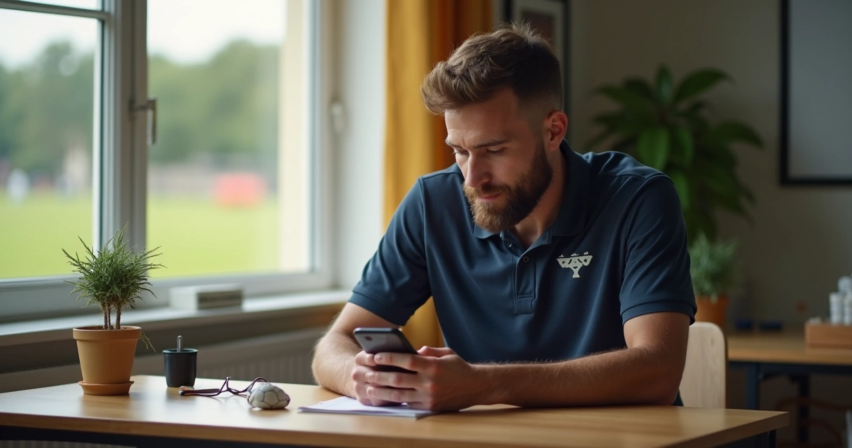 Treinador enviando mensagem de incentivo a aluno ausente pelo celular 