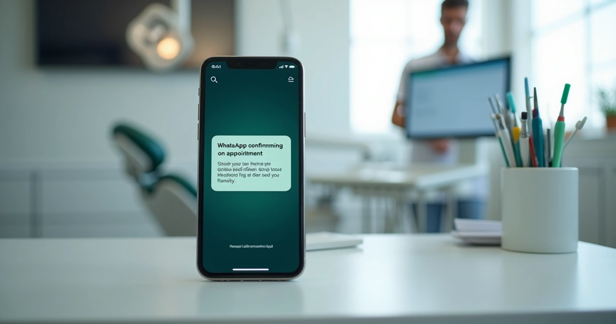 Mensagem automática de WhatsApp sendo enviada em um ambiente de clínica odontológica 