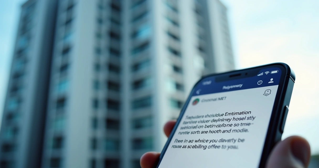 Tela de smartphone com mensagem de aviso de condomínio programada e prédios ao fundo 