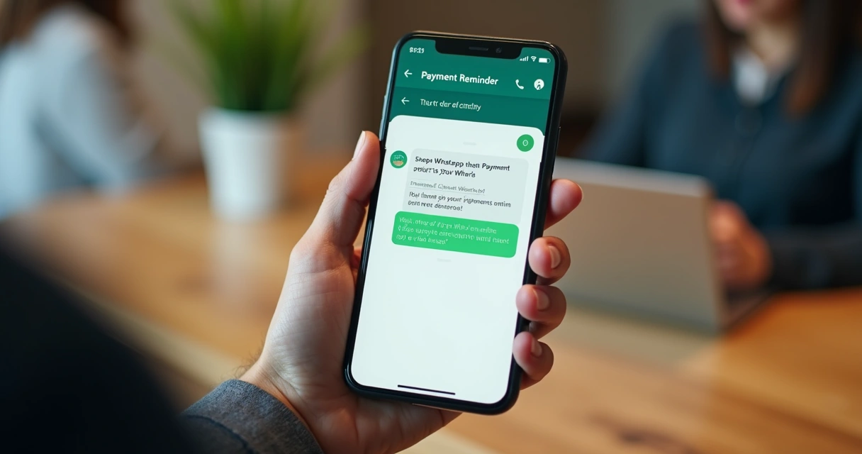 Pessoa segurando celular exibindo uma conversa de cobrança educada no WhatsApp. 