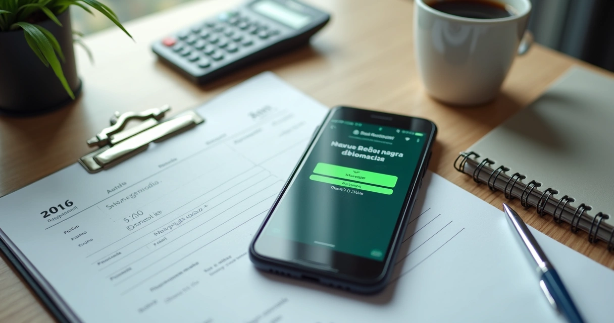 Tela de celular com mensagens de cobrança e agenda financeira em mesa de escritório 