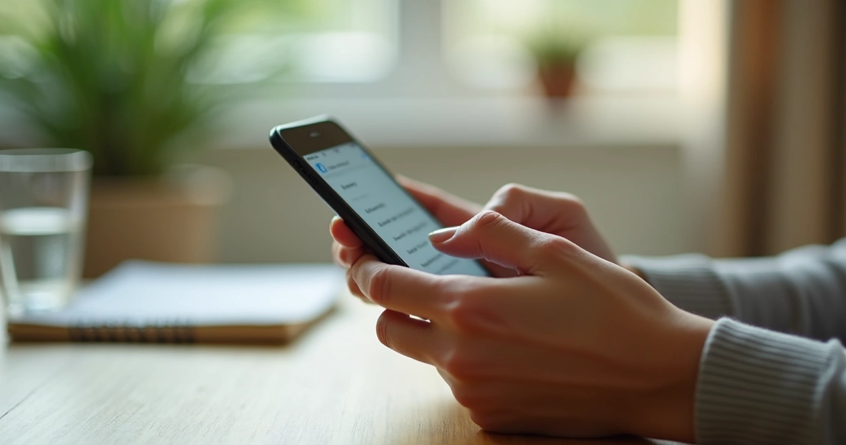 Mãos digitando mensagem cuidadosa em celular com ambiente calmo ao fundo 