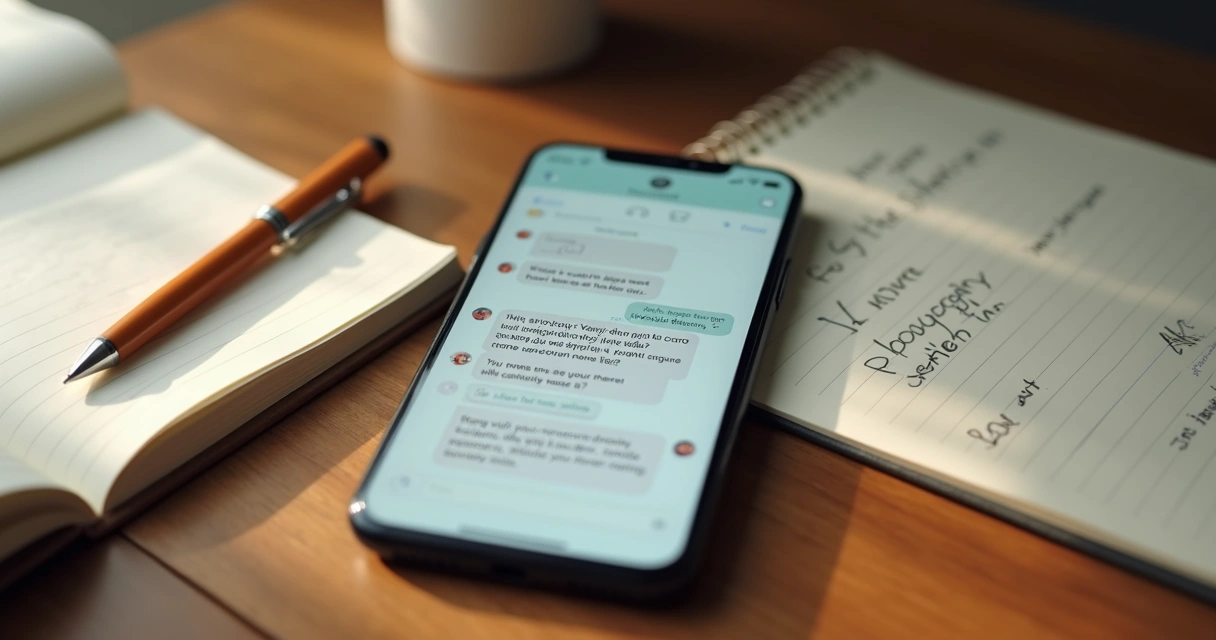 Celular com mensagens afetuosas e caderno ao lado