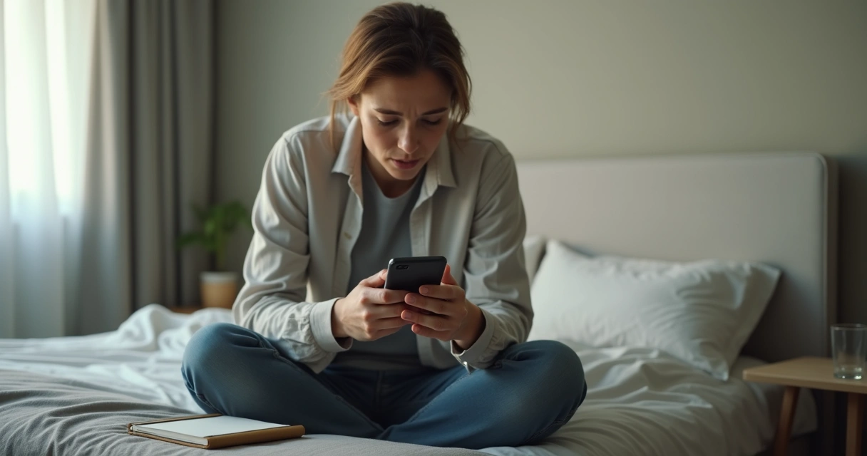 Pessoa olhando o celular com expressão tensa em ambiente silencioso 
