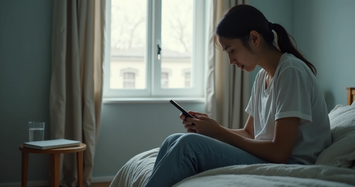 Pessoa olhando o celular com expressão tensa em ambiente silencioso 