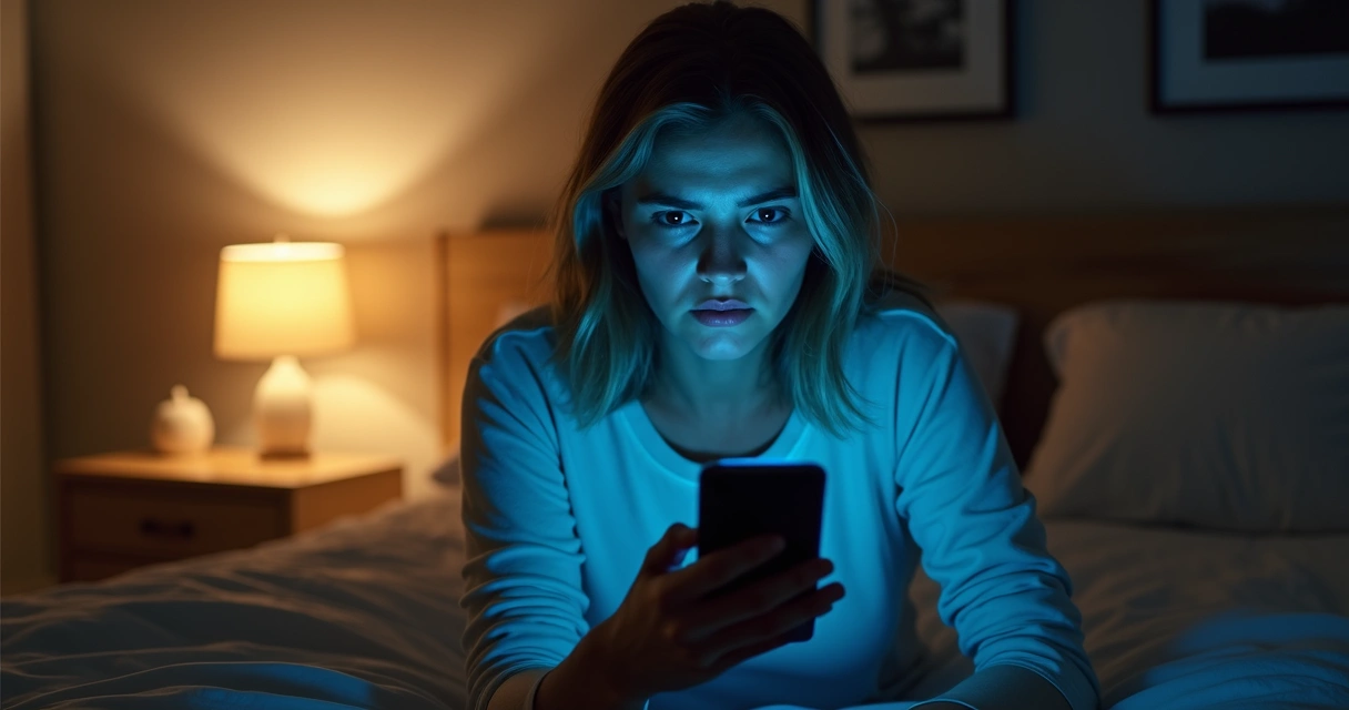 Pessoa olhando celular em quarto com expressão tensa 