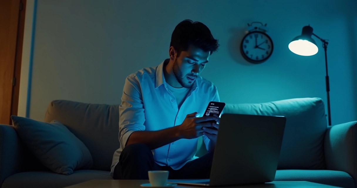 Pessoa olhando notificações de trabalho à noite no celular